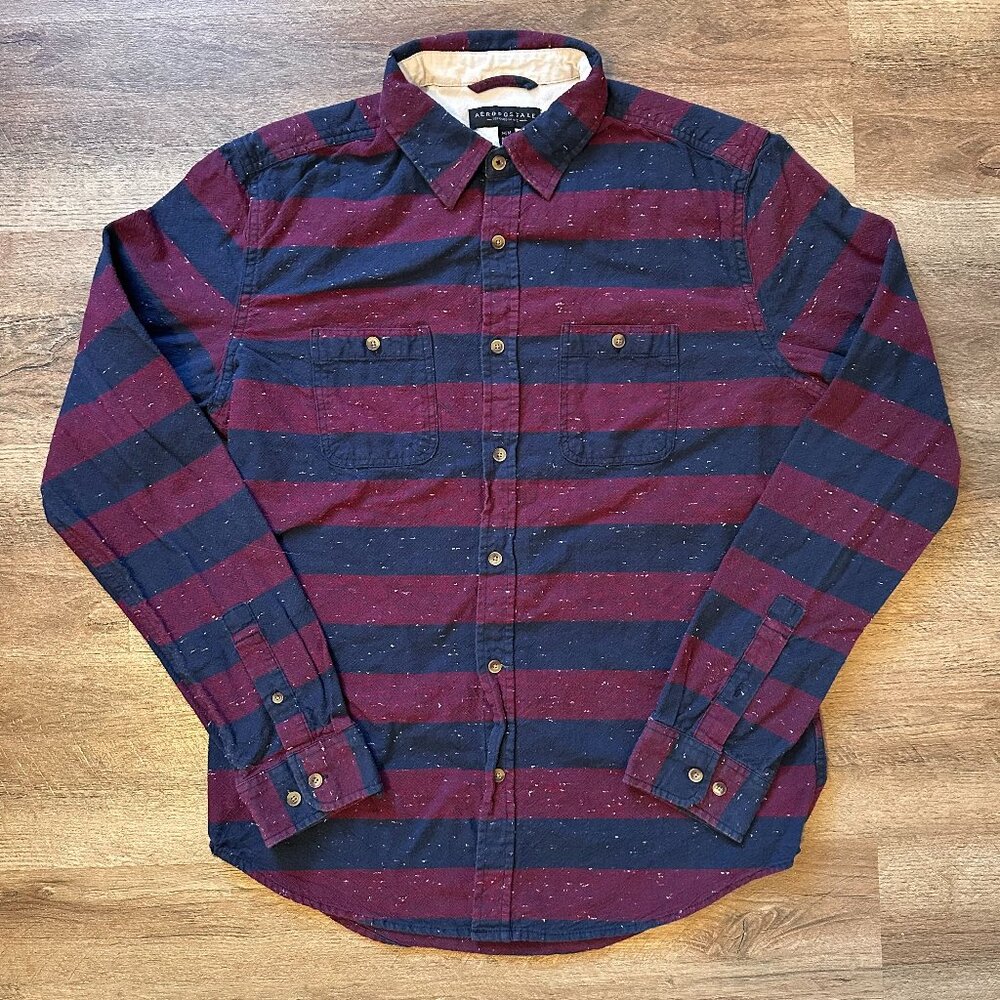Aeropostale Casual Button Down Mens M Burgundy Navy Striped Rugged Flannel Shirt